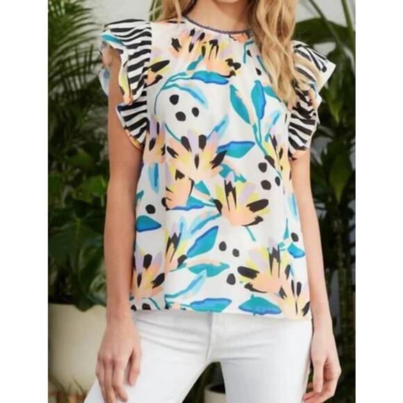 Crosby by Mollie Burch Flutter Cap Sleeve Zoe Top Island Lillies Mixed Print, XS - Picture 1 of 8